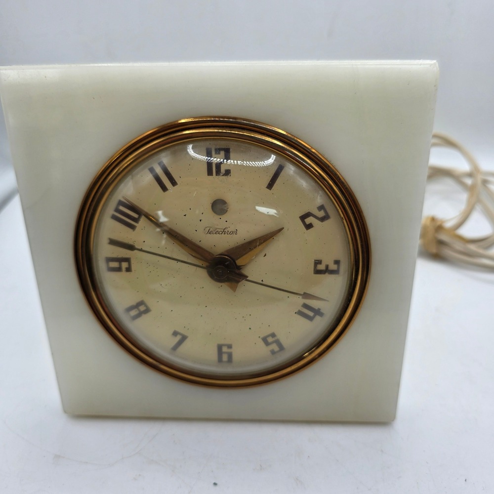 Vintage Warren Telechron Electric Clock White Onyx Brass MCM Desk Shelf Works US